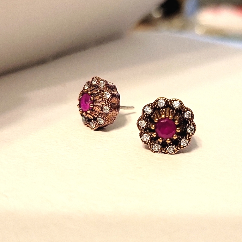 Ruby & 18k Gold Plated Flower Stud Earrings - image 1